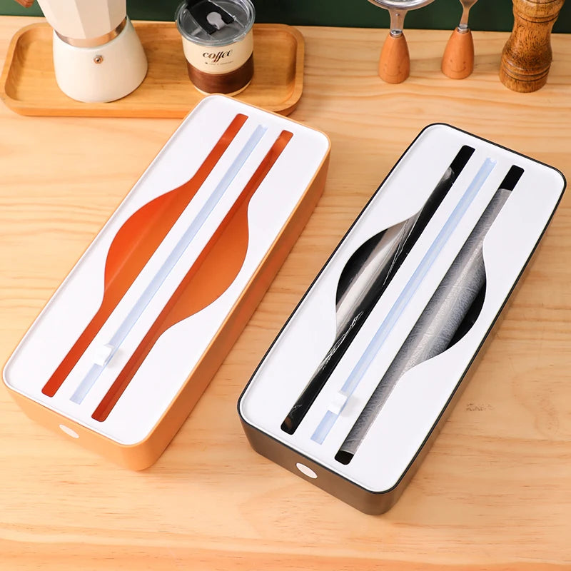 Double Slot Food Wrap Dispenser with Slide Cutter - Wall Mountable Kitchen Storage for Plastic Wrap and Foil Rolls