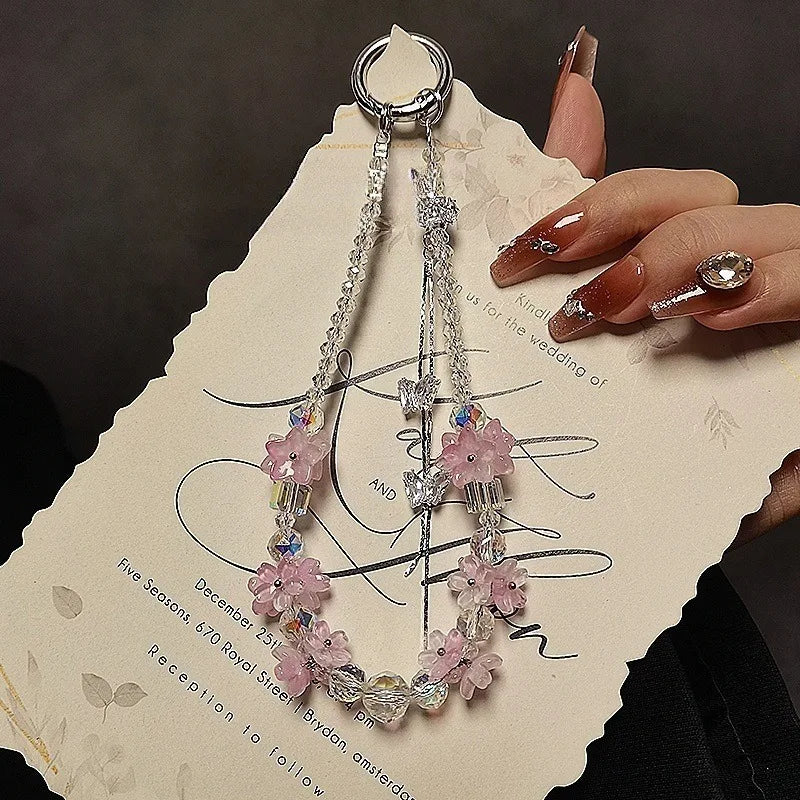 Mobile Phone Chain Short Wrist Portable Chain Colorful Flower Beaded Crystal Mobile Phone Chain Pendant Mobile Phone Lanyard