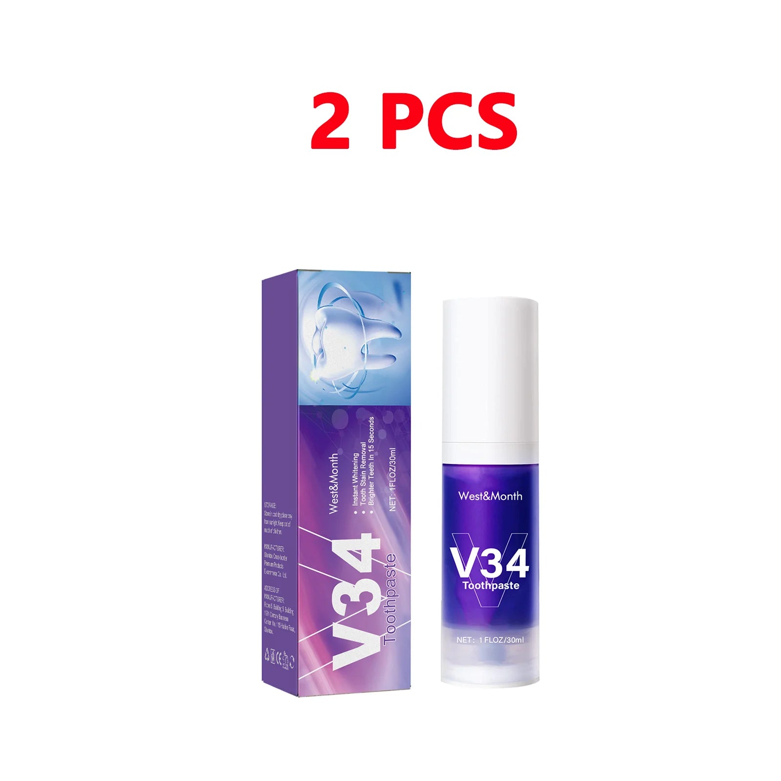 V34 Teeth Whitening Toothpaste 30ml Intensive Stain Remover for Yellow Teeth Plaque RemovalFresh Breath Oral Care Gum Protection