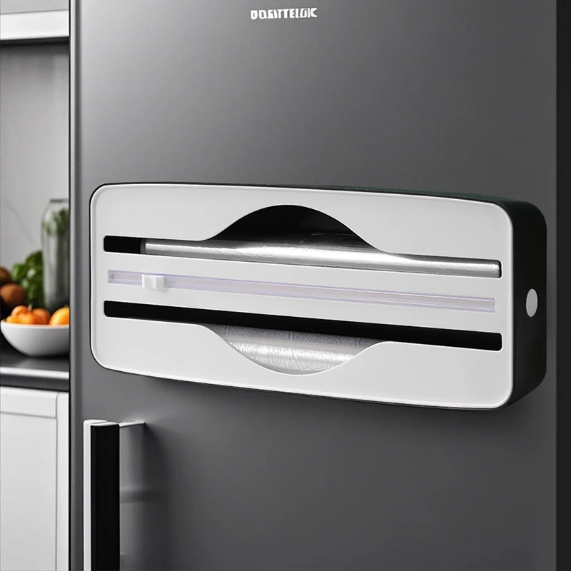 Double Slot Food Wrap Dispenser with Slide Cutter - Wall Mountable Kitchen Storage for Plastic Wrap and Foil Rolls