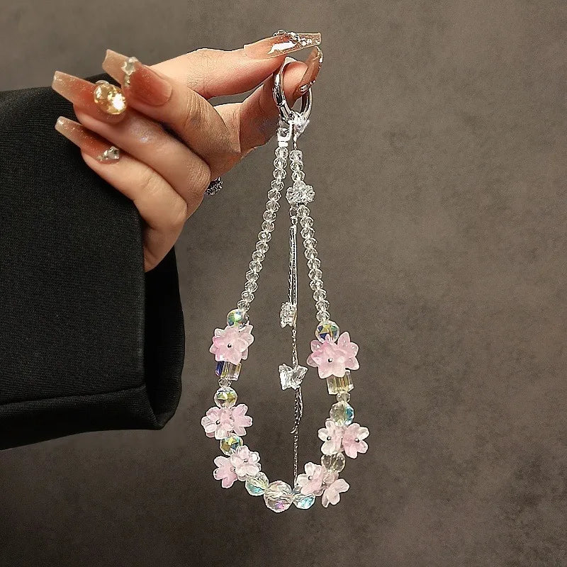 Mobile Phone Chain Short Wrist Portable Chain Colorful Flower Beaded Crystal Mobile Phone Chain Pendant Mobile Phone Lanyard