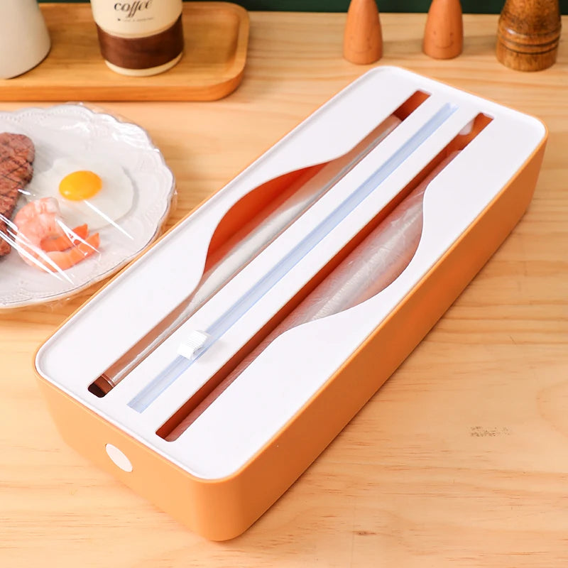 Double Slot Food Wrap Dispenser with Slide Cutter - Wall Mountable Kitchen Storage for Plastic Wrap and Foil Rolls